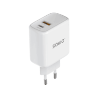 SAVIO SAVIO Hálózati adapter, PD3.0, QC3. 1x USB-C, 1x USB-A, max. 30W, fehér (LA-06)