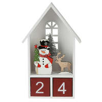 Fakopáncs Dekorációs figura, adventi naptár (fehér házikóban hóember, piros számkockákkal)