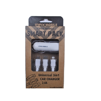 Max Mobile Max Mobile Smart Pack Autós Töltő 3in1 USB - Micro USB/Type-C/Lightning kábellel - Fehér