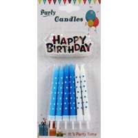  Tortagyertya tartóval kék/fehér 12db 8cm + Happy Birthday 609748
