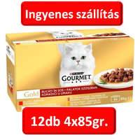 Nestlé 1Karton :GOURMET GOLD Falatok szószban nedves macskaeledel 12db 4x85g , ( Marha, lazac-csirke , pulyka-kacsa,csirke-máj )
