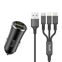 B-UDI B-UDI autós töltő, 2x USB, 2.4A + 3 az 1-ben USB USB-C / Lightning / Micro USB kábel (fekete)
