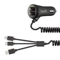 B-UDI Autós töltő 2x USB B-UDI 068T3, 3.4A + kábel 3 az 1-ben USB do USB-C / Lightning / Micro USB (fekete)