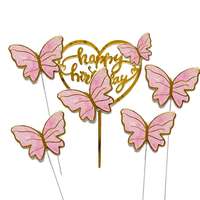 Happy birthday beszúró és pillangó-Rózsaszín 5 db