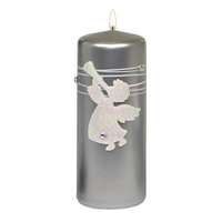 Karácsonyi gyertya henger forma angyal mintával 15 cm ezüst-fehér