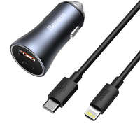 Baseus Baseus Arany Kontaktorok Pro gyors autós töltő Type-c USB / USB 40 W Power Delivery 3.0 Quick Charge 4+ SCP FCP AFC + USB Type-c - Lightning kábel szürke (TZCCJD-B0G)