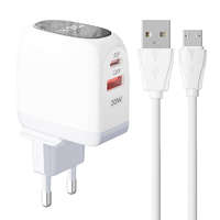 LDNIO LDNIO A2522C hálózati töltő 1xUSB-A és 1xUSB-C csatlakozóval és USB-A - microUSB kábellel max. 30W fehér