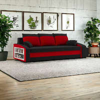 Greensite Monviso kanapéágy polccal és 2 db puffal, PRO szövet, bonell rugóval, bal oldali polc, jobb oldali puff tároló, fekete / piros
