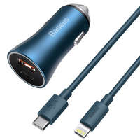 Baseus Baseus Golden Contactor Pro autós töltő, USB + USB-C, QC4.0 +, PD, SCP, 40W, kék + USB-C - Lightning kábel 1m, kék (TZCCJD-03)
