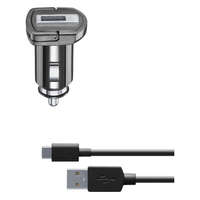 Cellularline CELLULARLINE autós töltő USB aljzat (5V / 2000 mA, 10W, adaptív gyorstöltés támogatás + Type-C kábel) FEKETE (CBRKIT10WTYCK)