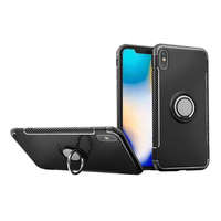 gigapack Műanyag telefonvédő (szilikon keret, asztali tartó funkció, telefontartó gyűrű, beépített fémlemez, karbon minta) FEKETE [Apple iPhone XS ...