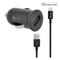 BLAUTEL 4-OK autós töltő USB aljzat (5V / 2400mA, MFi Apple engedélyes, IPCMB5 utódja + lightning 8pin kábel) FEKETE (IPCM25)
