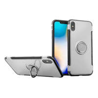 gigapack Műanyag telefonvédő (szilikon keret, asztali tartó funkció, telefontartó gyűrű, beépített fémlemez, karbon minta) EZÜST [Apple iPhone XS ...
