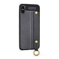 gigapack Szilikon telefonvédő (közepesen ütésálló, bőr hatású, varrás minta, kézpánt) FEKETE [Apple iPhone XS Max 6.5]
