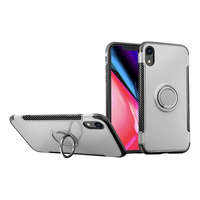 gigapack Műanyag telefonvédő (szilikon keret, asztali tartó funkció, telefontartó gyűrű, beépített fémlemez, karbon minta) EZÜST [Apple iPhone XR ...