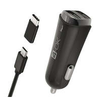 BLAUTEL 4-OK autós töltő 2 USB aljzat (5V / 3400mA + Type-C adapter + microUSB kábel) FEKETE (CMM3AX)