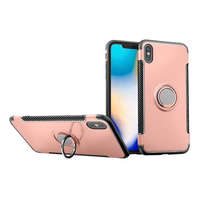 gigapack Műanyag telefonvédő (szilikon keret, asztali tartó, telefontartó gyűrű, beépített fémlemez, karbon minta) ROZÉARANY [Apple iPhone XS Max ...