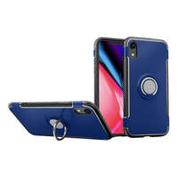 gigapack Műanyag telefonvédő (szilikon keret, asztali tartó, telefontartó gyűrű, beépített fémlemez, karbon minta) SÖTÉTKÉK [Apple iPhone XR 6.1]