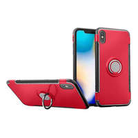 gigapack Műanyag telefonvédő (szilikon keret, asztali tartó funkció, telefontartó gyűrű, beépített fémlemez, karbon minta) PIROS [Apple iPhone XS ...