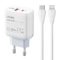 LDNIO LDNIO A2421C USB-A + USB-C 22.5W hálózati töltő + USB-C - Lightning kábel fehér