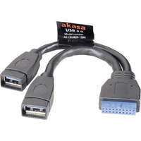 AKASA USB 3.0 adapter kábel, 19 pólusú, 2 x USB A aljzat, 15 cm, Akasa AK-CBUB09-15BK