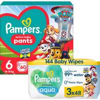 PAMPERS PAMPERS Active Baby nadrág Mancs őrjárat 6-os méret (60 db) + Harmonie Aqua Mancs őrjárat törlőkendő