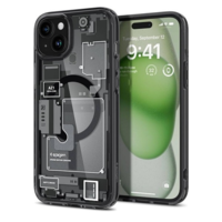 Spigen Apple iPhone 15 Plus, Műanyag hátlap védőtok + szilikon keret, Magsafe töltővel kompatibilis, iPhone belső minta, Spigen Ultra Hybrid Zero One Mag, átlátszó/füst (RS149058)