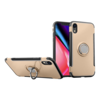 gigapack Műanyag telefonvédő (szilikon keret, asztali tartó funkció, telefontartó gyűrű, beépített fémlemez, karbon minta) ARANY [Apple iPhone XR 6.1] (5996457811311)