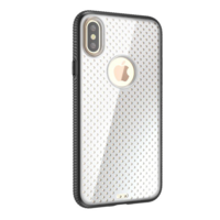 gigapack Műanyag telefonvédő (szilikon keret, közepesen ütésálló, átlátszó akril hátlap, lyukacsos minta, logo kivágás) FEKETE [Apple iPhone XS 5.8] (5996457727322)