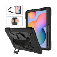 TokShop Samsung Galaxy Tab S6 Lite 10.4 / Tab S6 Lite 10.4 (2022) SM-P610 / P615 / P613 / P619, Műanyag hátlap védőtok, szilikon belső, kitámasztóval, kézpánt, vállpánt, Defender, fekete (RS97843)