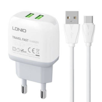 LDNIO LDNIO A2219 2xUSB-A hálózati töltő + USB-A-USB-C kábel fehér (A2219 Type C)