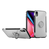 gigapack Műanyag telefonvédő (szilikon keret, asztali tartó funkció, telefontartó gyűrű, beépített fémlemez, karbon minta) EZÜST [Apple iPhone XR 6.1] (5996457811366)