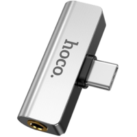 Hoco Audió és töltő adapter 2in1, elosztó, USB Type-C - USB Type-C töltő + 3.5 mm jack átalakító, 90 fokos/derékszögű csatlakozó, Hoco LS26, ezüst (RS131066)