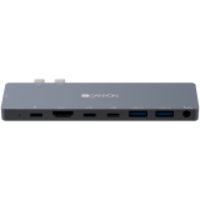 CANYON CANYON DS-8 Multiport Docking Station with 8 port, 1*Type C PD100W+2*Type C data+2*HDMI+2*USB3.0+1*Audio. Input 100-240V, Output USB-C PD100W&USB-A 5V/1A, Aluminium alloy, Space gray, 135*48*10mm, 0.056kg (CNS-TDS08DG)