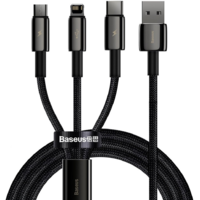 Baseus USB töltő- és adatkábel 3in1, USB Type-C, Lightning, microUSB, 150 cm, 3500 mA, törésgátlóval, gyorstöltés, cipőfűző minta, Baseus Tungsten Gold, CAMLTWJ-01, fekete (RS122060)