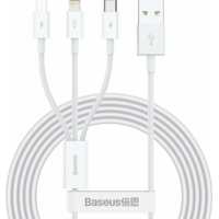 Baseus USB töltő- és adatkábel 3in1, USB Type-C, Lightning, microUSB, 150 cm, 3500 mA, törésgátlóval, gyorstöltés, Baseus Superior, CAMLTYS-02, fehér (RS112206)