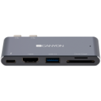 CANYON CANYON DS-5 Multiport Docking Station with 5 port, with Thunderbolt 3 Dual type C male port, 1*Thunderbolt 3 female+1*HDMI+1*USB3.0+1*SD+1*TF. Input 100-240V, Output USB-C PD100W&USB-A 5V/1A, Aluminium alloy, Space gray, 90*41*11mm, 0.04kg (CNS-TDS05DG)
