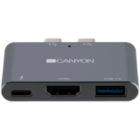 CANYON CANYON DS-1 Multiport Docking Station with 3 port, with Thunderbolt 3 Dual type C male port, 1*Thunderbolt 3 female+1*HDMI+1*USB3.0. Input 100-240V, Output USB-C PD100W&USB-A 5V/1A, Aluminium alloy, Space gray, 59*35.5*10mm, 0.028kg (CNS-TDS01DG)