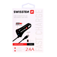 Swissten Swissten 20111000 USB Type-A 12-24V Autós Töltő + Micro USB Type-B kábel - Fekete (5V / 2.4A) (SW-CCH-DU2.4A-B)
