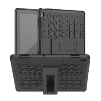 TokShop Lenovo Tab E10 (10.1) TB-X104F, Műanyag hátlap védőtok, Defender, kitámasztóval és szilikon belsővel, autógumi minta, fekete (RS94863)
