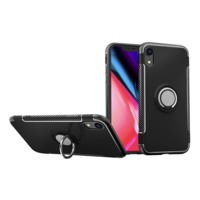 gigapack Műanyag telefonvédő (szilikon keret, asztali tartó funkció, telefontartó gyűrű, beépített fémlemez, karbon minta) FEKETE [Apple iPhone XR 6.1] (5996457814978)