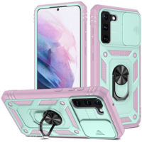 Wooze Apple iPhone 11 Pro Max, Műanyag hátlap védőtok és előlapi keret, szilikon belső, közepesen ütésálló, kamera védelem, telefontartó gyűrű, Wooze Military Armor, rózsaszín/zöld (118945)