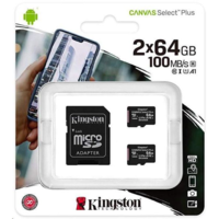 Kingston 64GB microSDXC Kingston Canvas Select Plus CL10 memóriakártya 2db/cs + adapter (SDCS2/64GB-2P1A) (SDCS2/64GB-2P1A)