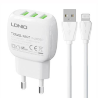 LDNIO LDNIO A2522C 3xUSB-A hálózati töltő 30W + USB-C kábel fehér (A3315 Lightning)