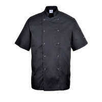 Portwest Szakácskabát - fekete, rövid ujjú, kétsoros patentos