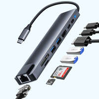  Devia USB Type-C - PD + USB-C + USB2.0 + 2xUSB 3.0 + HDMI + VGA + RJ45 + SD/TF +Audio3.5 elosztó/adapter/laptop állvány - Devia Leopard Series 11 in 1 Hub - szürke
