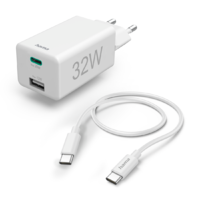  HAMA hálózati töltő adapter USB-A + Type-C bemenettel + Type-C - Type-C kábel - 32W - HAMA Mini Charger Kit PD3.0 + QC3.0 - fehér