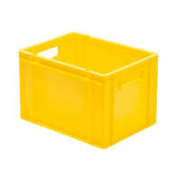LaKaPE Műanyag szállítóláda, zárt oldalak, sima alj, nyitott megfogó 400x300x270 mm sárga