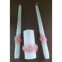 Gyertyaszett polgári szertartásra, csipkével és gyönggyel pasztell