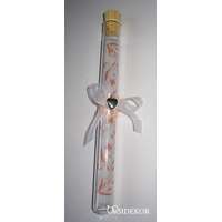 Kémcsöves esküvői meghívó szalaggal és fém szív dísszel